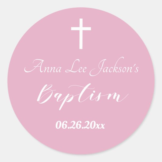 Moderne doop doopsel Witte Kruis Dusty Roze Ronde Sticker (Voorkant)
