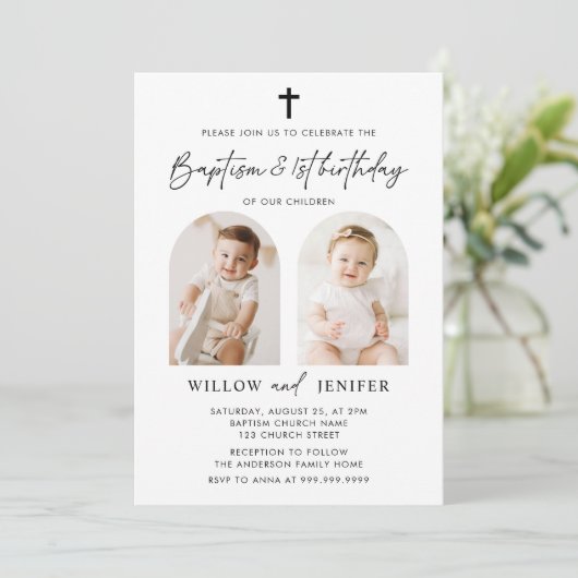 Moderne doop en 1e verjaardag tweeling jongen en m kaart (Staand voorkant)