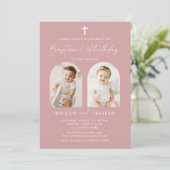 Moderne doop en 1e verjaardag tweeling jongen en m kaart (Staand voorkant)