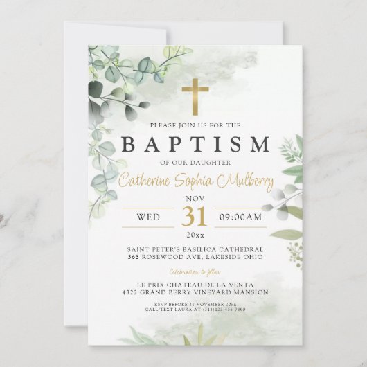 Moderne doop Eucalyptus groen doopsel Kaart (Voorkant)