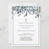 Moderne doop groen blauwe bloemen uitnodiging (Voorkant)