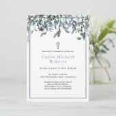 Moderne doop groen blauwe bloemen uitnodiging (Staand voorkant)