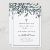 Moderne doop groen blauwe bloemen uitnodiging (Voorkant / Achterkant)