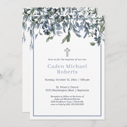 Moderne doop groen blauwe bloemen uitnodiging (Voorkant / Achterkant)