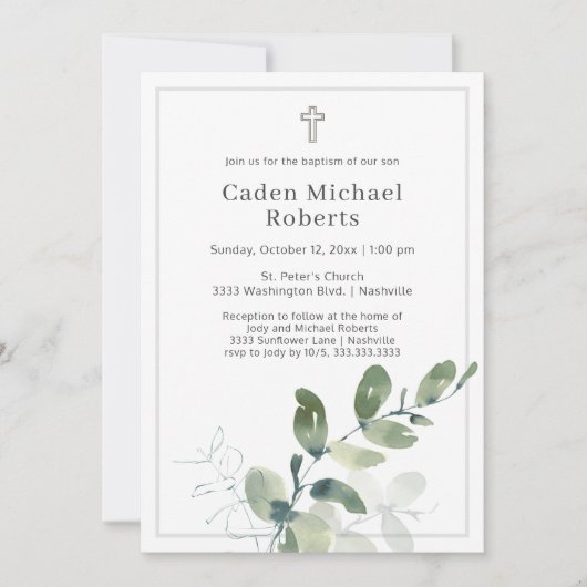 Moderne doop groen kruis uitnodiging (Voorkant)