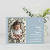 Moderne doop Witte Kruis Dusty Blauwe Foto Kaart (Staand voorkant)