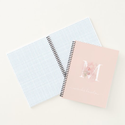 Moderne, doorzichtige Blush Pink Floral Monogramme Notitieboek (Binnen)