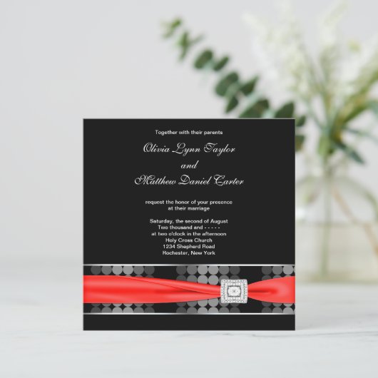Moderne Dot Zwart Wit Rood Classy Black Wedding Kaart (Staand voorkant)