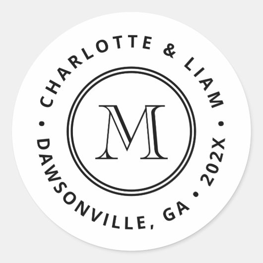 Moderne Douanenaam Datum Monogram Bruiloft Ronde Sticker (Voorkant)