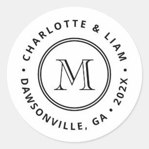 Moderne Douanenaam Datum Monogram Bruiloft Ronde Sticker