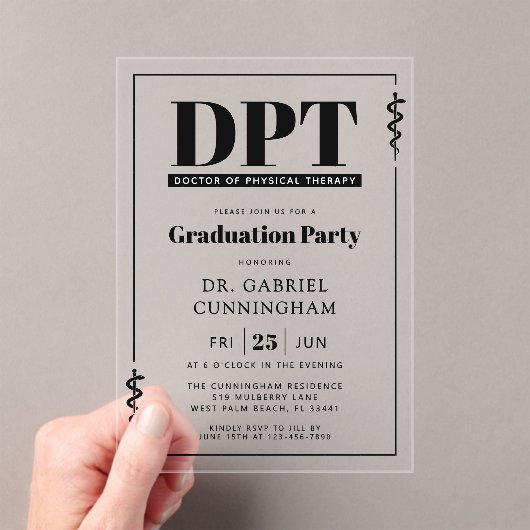 Moderne DPT Doctor of Physical Therapy Afstuderen Acryl Uitnodigingen (Insitu (Draagbaar))