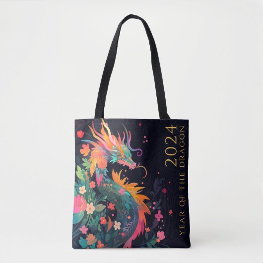 Moderne Draak Chinees Nieuwjaar Monogram Bloemen Tote Bag (Voorkant)