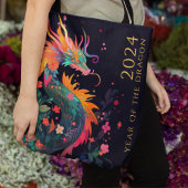 Moderne Draak Chinees Nieuwjaar Monogram Bloemen Tote Bag