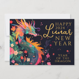 Moderne Draak Chinese Maan Nieuwjaar Bloemen Feestdagenkaart