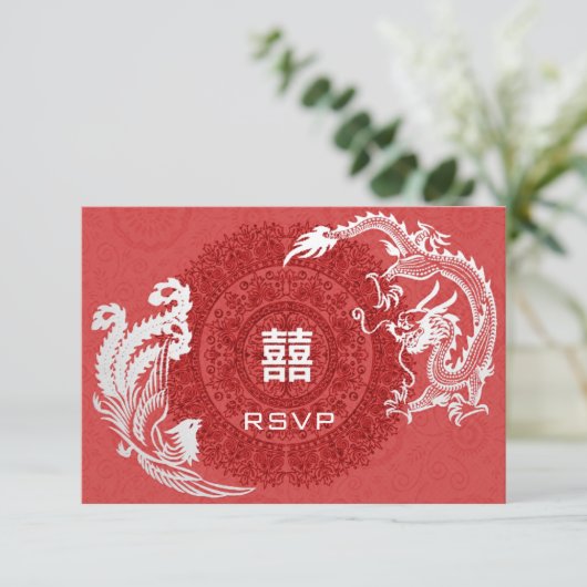 Moderne Dragon-Phoenix Chinese bruiloft RSVP (Staand voorkant)