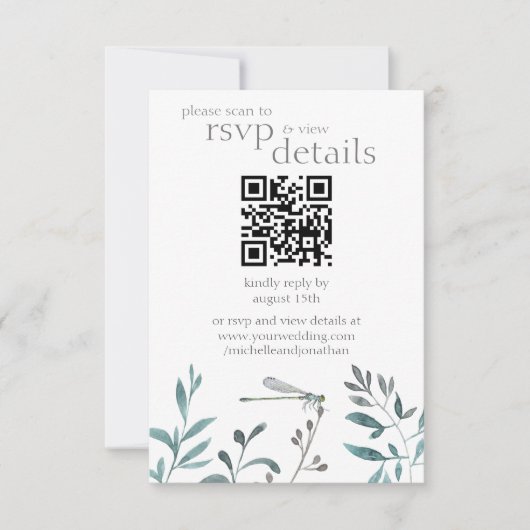 Moderne Dragonfly Wedding QR Code Details en RSVP Kaartje (Voorkant)