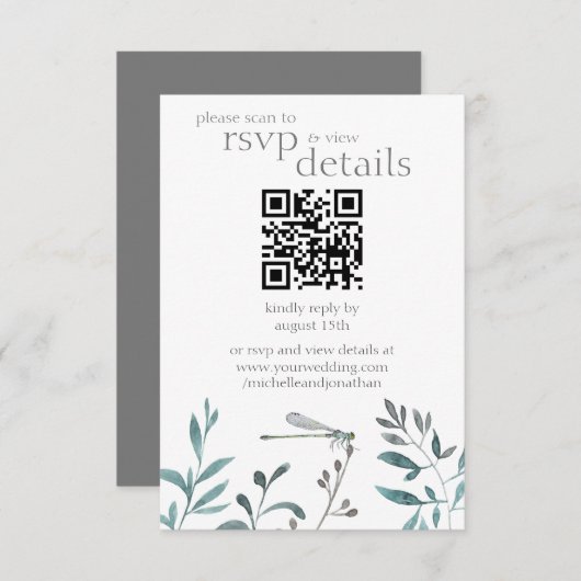 Moderne Dragonfly Wedding QR Code Details en RSVP Kaartje (Voorkant / Achterkant)