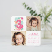 Moderne drie 3e verjaardag meisjes fotokaart kaart (Staand voorkant)