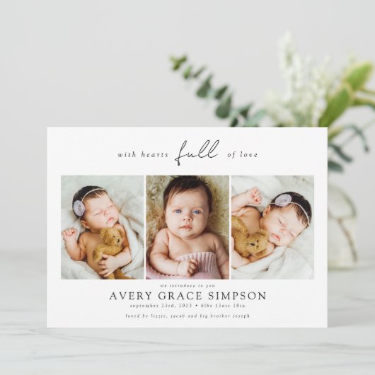 Moderne drie foto-Baby geboorte Aankondiging (Staand voorkant)