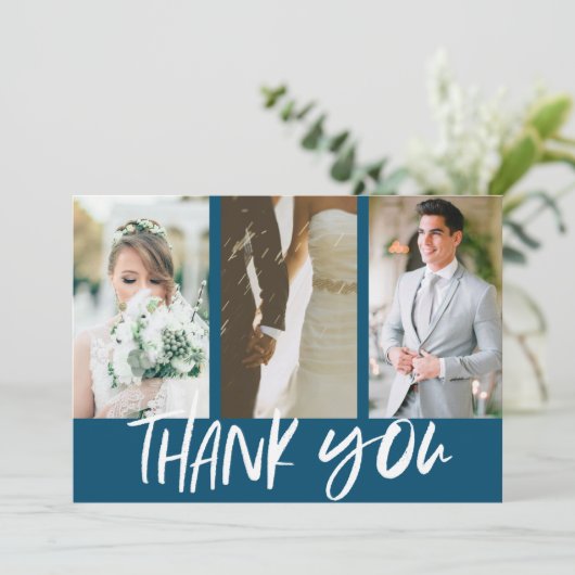 Moderne drie foto blauwe bruiloft dank u bedankkaart (Staand voorkant)