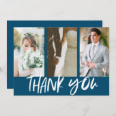Moderne drie foto blauwe bruiloft dank u bedankkaart (Voorkant / Achterkant)