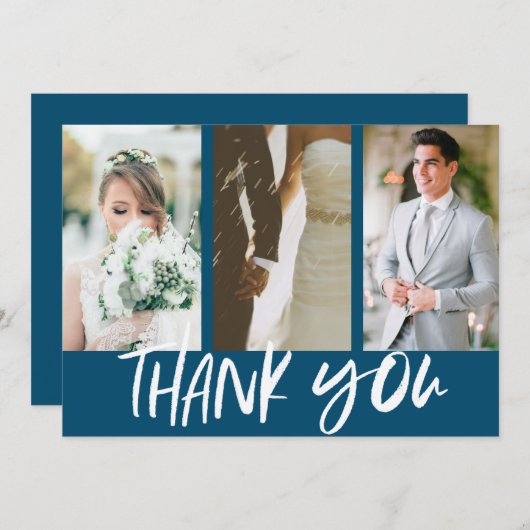 Moderne drie foto blauwe bruiloft dank u bedankkaart (Voorkant / Achterkant)