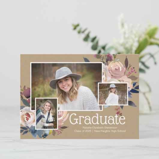 Moderne Drie Foto Bloemige Afstudeerfeest Kaart (Staand voorkant)