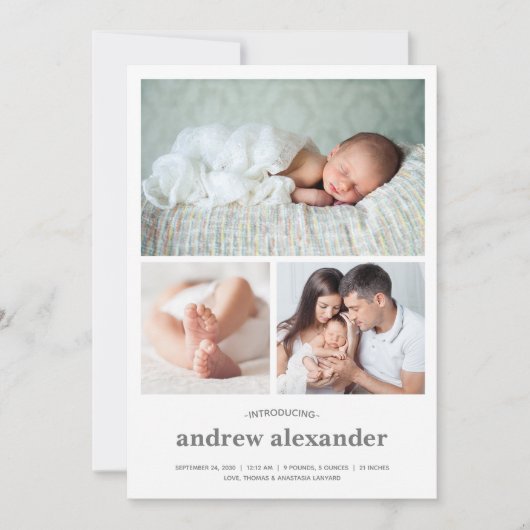 Moderne Drie Foto Collage Geboorte Aankondiging (Voorkant)