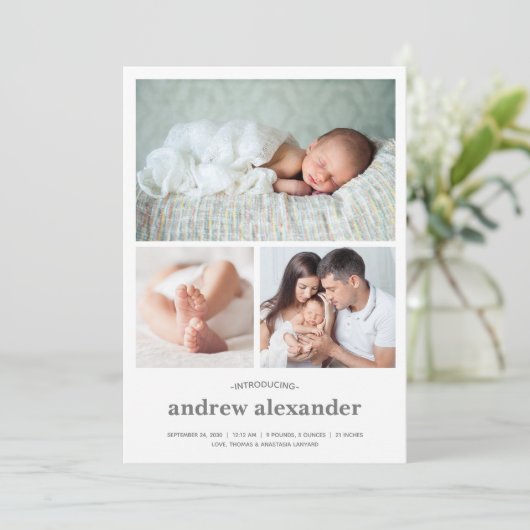 Moderne Drie Foto Collage Geboorte Aankondiging (Staand voorkant)