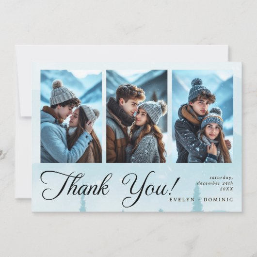 Moderne Drie Foto Collage Winter Huwelijk Bedankkaart (Voorkant)