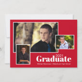 Moderne Drie Foto Grijs en Rood Afstudeerfeest Kaart (Voorkant)