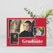 Moderne Drie Foto Grijs en Rood Afstudeerfeest Kaart (Staand voorkant)