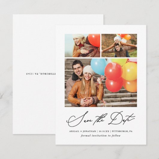 Moderne Drie Foto Hand Lettered Save the Date Uitnodiging Briefkaart (Voorkant / Achterkant)