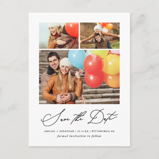 Moderne Drie Foto Hand Lettered Save the Date Uitnodiging Briefkaart (Voorkant)