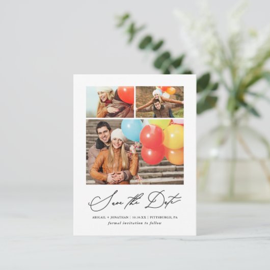 Moderne Drie Foto Hand Lettered Save the Date Uitnodiging Briefkaart (Staand voorkant)