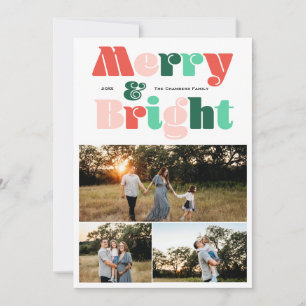 Moderne drie foto Merry en Bright Feestdagenkaart