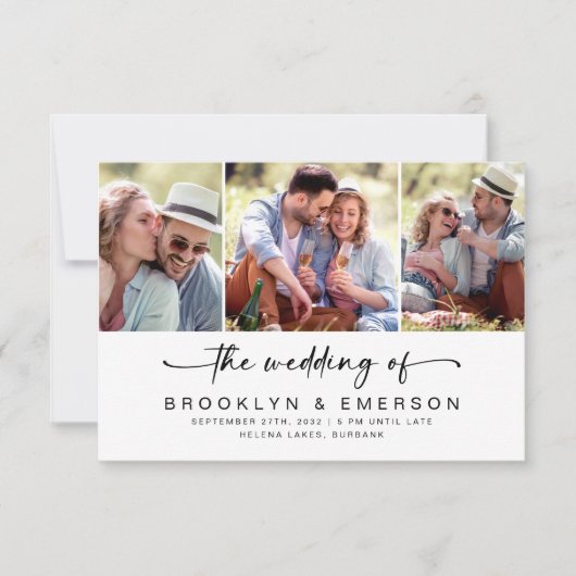 Moderne drie foto-QR-code RSVP-bruiloft Kaart (Voorkant)