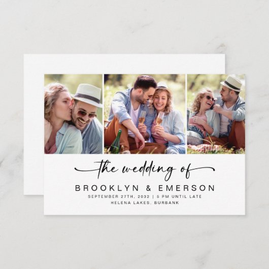 Moderne drie foto-QR-code RSVP-bruiloft Kaart (Voorkant / Achterkant)