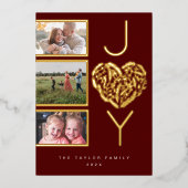 Moderne drie foto rode vreugde vrolijke kerst hart folie feestdagenkaart (Voorkant)