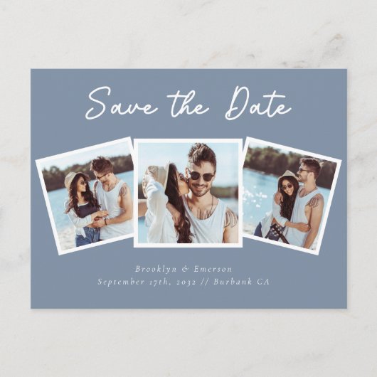 Moderne drie fotobruiloft bespaart de datum briefkaart (Voorkant)