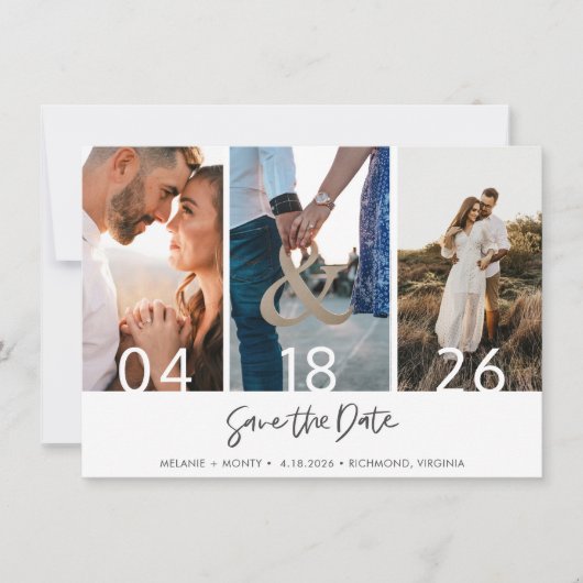 Moderne drie fotobruiloft sparen de Datum Save The Date (Voorkant)