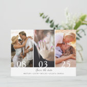 Moderne drie fotobruiloft sparen de Datum Save The Date (Staand voorkant)