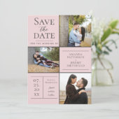 Moderne drie fotocollage | Roze Bewaar de datum Save The Date (Staand voorkant)