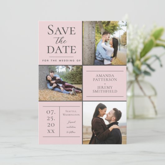 Moderne drie fotocollage | Roze Bewaar de datum Save The Date (Staand voorkant)