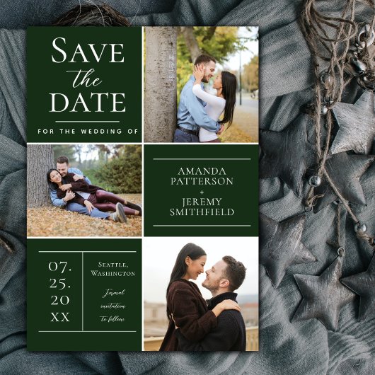 Moderne drie fotocollage | Smaragdgroen Save The Date