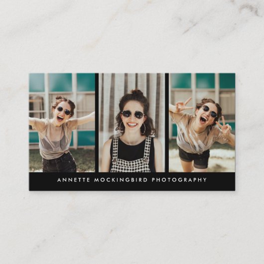 Moderne drie fotografie zwart visitekaartje (Voorkant)