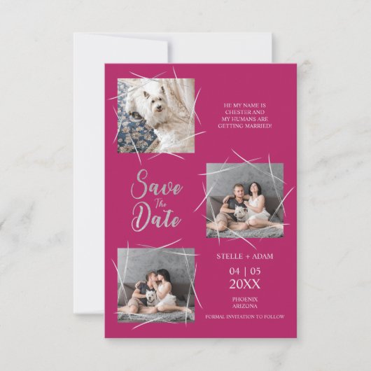 Moderne drie foto's Pet Engaged Couple op Hot Pink (Voorkant)