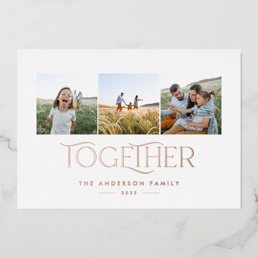 Moderne drie foto's roestvrij samen kerstfeest folie feestdagenkaart (Voorkant)