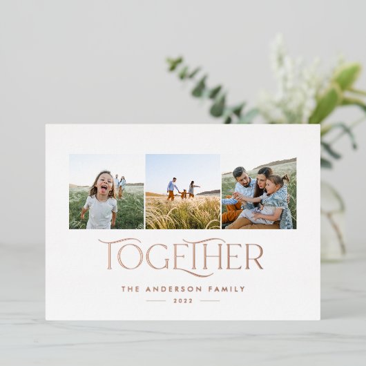 Moderne drie foto's roestvrij samen kerstfeest folie feestdagenkaart (Staand Voorkant)