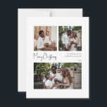 Moderne, driedubbele kerstscript feestdagenkaart<br><div class="desc">Dit moderne kerstscript met drie foto's is ideaal voor je minimalistische shabby chic boho zwarte en witte feestdag. De minimale witte handgeschreven kalligrafie is delicaat en robuust, terwijl het klasje en elegant blijft. Het ontwerp weerspiegelt een eenvoudige, volledig witte winterdag en roept herinneringen op aan een meer simplistisch leven. U...</div>